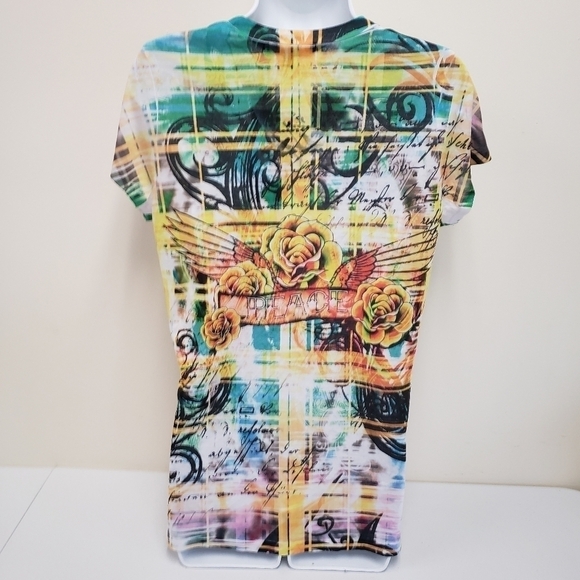 B.L.E.U. Womens V-neck Embellished Peace Top Bleu Size Small - Picture 2 of 5